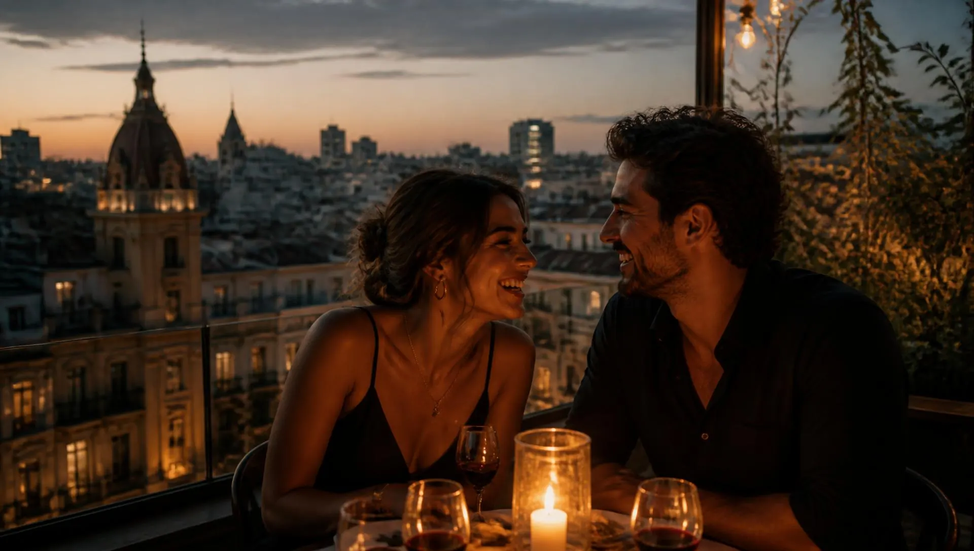 Pareja brindando en una terraza de Buenos Aires al atardecer